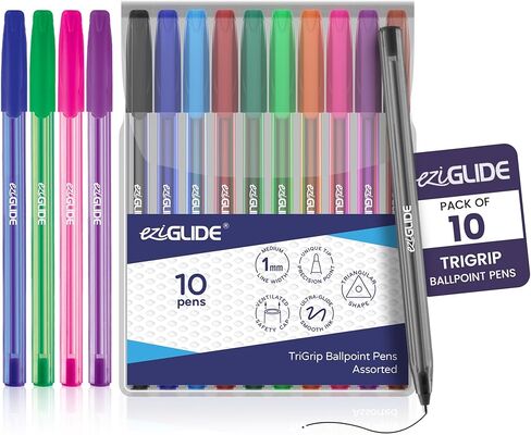أقلام حبر TriGrip Ballpoint Pen 10 عبوات، أقلام حبر جاف متعددة العبوات، نقطة متوسطة (1.0 مم) للكتابة اليدوية السلسة وأقلام أسطوانية مثلثة التدفق المتسقة للمدرسة والمنزل والمكتب (10، متنوعة) in Kuwait