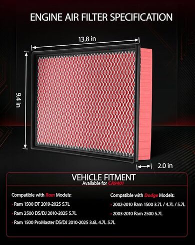 فلتر هواء محرك EVIL ENERGY، متوافق مع Dodge Ram 1500 ProMaster DS/DJ 2010-2025، Ram 1500 DT 2019-2025، Ram 2500 DS/DJ 2010-2025، استبدل CA9401 in Kuwait