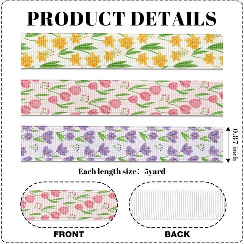 Spring Floral Grosgrain Ribbon Set, 7/8 Inch x 15 Yards, Tulip Daffodil Crocus Patterns for DIY Hair Bows, Easter Crafts, Mother's Day Gift Wrapping in Saudi Arabia