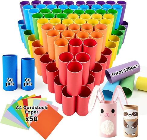 Seeyauro-120 Pack Cardboard Tubes for Crafts-1.57x3.74 Inches&1.5x3.4 Inches-Resistant Toilet Paper Rolls Craft Tubes for DIY, School Supplies-Include 50 Sheets A4 Colorful Paper-Multicolor in Saudi Arabia