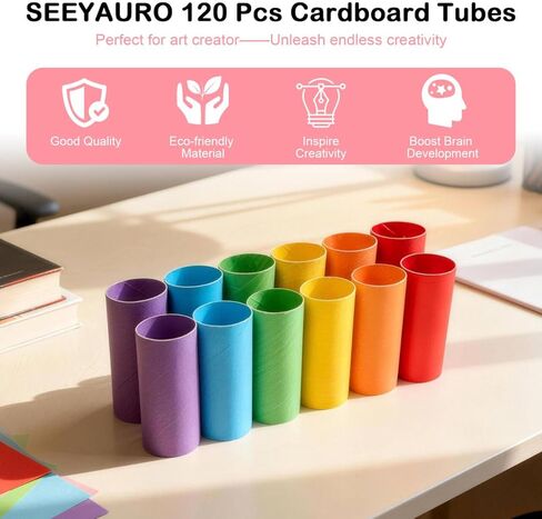Seeyauro-120 Pack Cardboard Tubes for Crafts-1.57x3.74 Inches&1.5x3.4 Inches-Resistant Toilet Paper Rolls Craft Tubes for DIY, School Supplies-Include 50 Sheets A4 Colorful Paper-Multicolor in Saudi Arabia