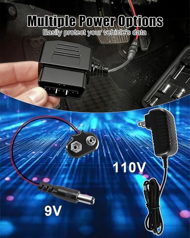 موفر ذاكرة السيارة موصل obd ll مناسب لجميع واجهة obd ll ذات 16 سنًا، طاقة مزدوجة 9 فولت تعمل بالبطارية ومحول 110 فولت in Kuwait