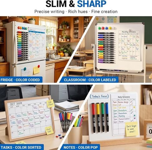 SFAIH 15 Colors Magnetic Dry Erase Markers, Ultra Fine Tip 0.7mm Fine Point Thin Markers for Detailed Calendars & Small Grids, Low Odor Whiteboard Markers with Eraser Cap for Planners & Home Office in Saudi Arabia