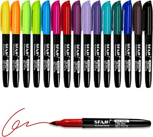 SFAIH 15 Colors Magnetic Dry Erase Markers, Ultra Fine Tip 0.7mm Fine Point Thin Markers for Detailed Calendars & Small Grids, Low Odor Whiteboard Markers with Eraser Cap for Planners & Home Office in Saudi Arabia