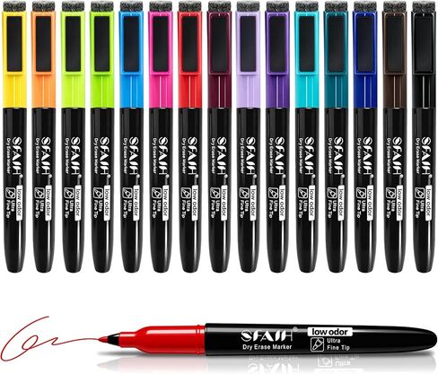 SFAIH 15 Colors Magnetic Dry Erase Markers, Ultra Fine Tip 0.7mm Fine Point Thin Markers for Detailed Calendars & Small Grids, Low Odor Whiteboard Markers with Eraser Cap for Planners & Home Office in Saudi Arabia