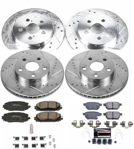 طقم فرامل أمامية وخلفية PowerStop لسيارة Lexus CT200h 2011-13 |Toyota Prius 2010-15 |Prius Plug-In 2012-15 - دوارات قرصية محفورة ومشقوقة مع استبدال وسادات فرامل سيراميك من ألياف الكربون، K5871 in Kuwait