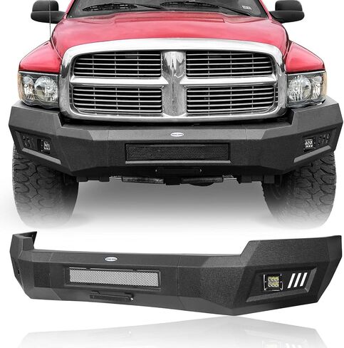 Hooke Road 03-05 Ram المصد الأمامي بعرض كامل لـ 2003 2004 2005 Dodge Ram 2500 3500، مصد فولاذي متين الطراز مع أضواء LED 2 × 18 وات in Kuwait