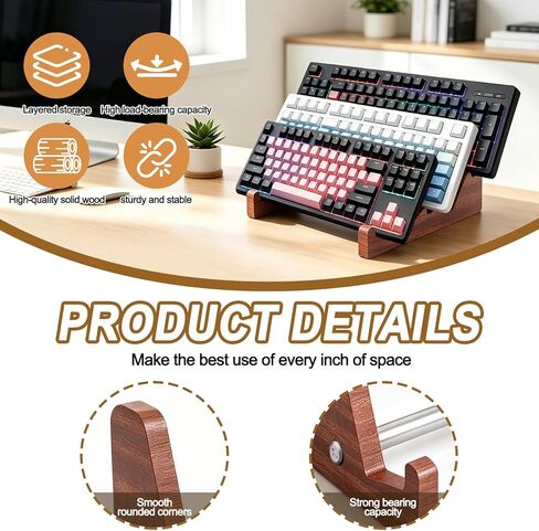 3-Tier Wood Keyboard Stand Detachable Display Rack for Mechanical Keyboards, Computer, Tablet, Desk Organizer with Sapele Wood, Easy Assembly, Strong Load Bearing for Office/Gaming in Saudi Arabia