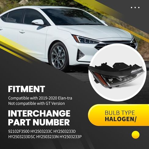 Halogen Right Headlight Compatible with El-antra 2019-2020 W/Bulb Headlamp Passenger Side Front Light 92102F3500 HY2503233 in Kuwait
