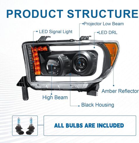 Headlights Projector for 2007-2013 Toyota Tundra Headlights w/LED DRL Compatible with 2008-2017 Toyota Sequoia 2 Headlamps Black Housing Amber Reflector in Saudi Arabia