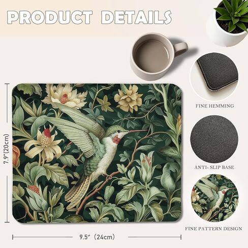 Sage Green Floral Hummingbird Mouse Pad, William Morris Inspired Floral Humming Bird Mouse Pads for Home Office Dorm Computers Laptop Supplies Desk Accessories, 9.5x7.9 Inch in Kuwait