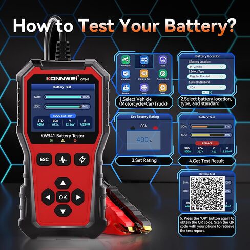 KONNWEI KW341 Car Battery Tester 6V 12V 24V Automotive Battery Load Tester Digital Battery Analyzer for Motorcycle Car Truck, Test SOH SOC CCA Resistance Voltage, Cranking Charging System Print in Kuwait
