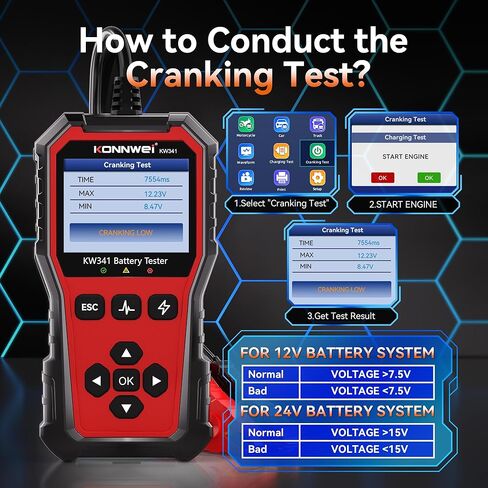 KONNWEI KW341 Car Battery Tester 6V 12V 24V Automotive Battery Load Tester Digital Battery Analyzer for Motorcycle Car Truck, Test SOH SOC CCA Resistance Voltage, Cranking Charging System Print in Kuwait