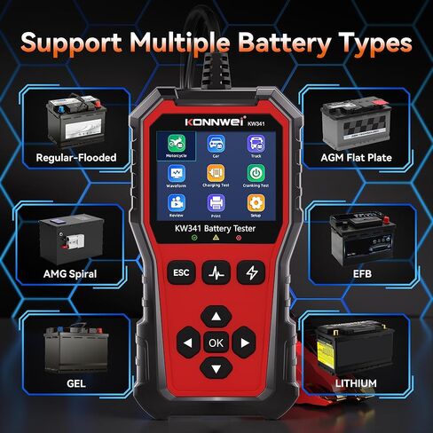 KONNWEI KW341 Car Battery Tester 6V 12V 24V Automotive Battery Load Tester Digital Battery Analyzer for Motorcycle Car Truck, Test SOH SOC CCA Resistance Voltage, Cranking Charging System Print in Kuwait