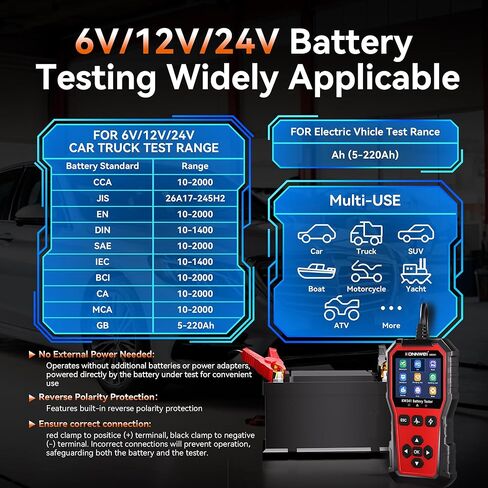KONNWEI KW341 Car Battery Tester 6V 12V 24V Automotive Battery Load Tester Digital Battery Analyzer for Motorcycle Car Truck, Test SOH SOC CCA Resistance Voltage, Cranking Charging System Print in Kuwait