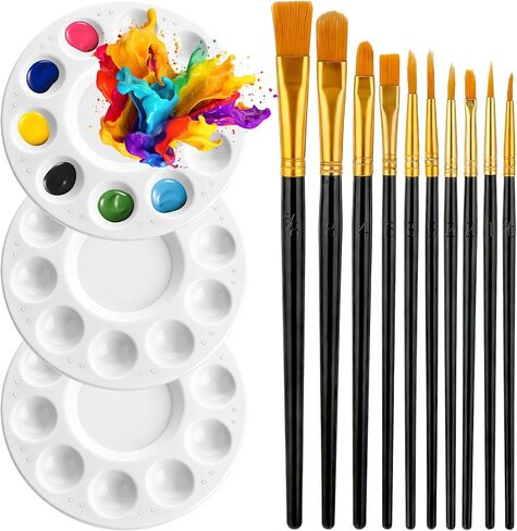 Paint Brushes Palette Set, 10PCS Black Paint Brushes & 3PCS Round Plastic Paint-Palettes, Nylon Hair Paintbrush (Assorted Sizes & Shapes) for Acrylic, Oil, Watercolor, Gouache, Tempera, Body Painting in Kuwait