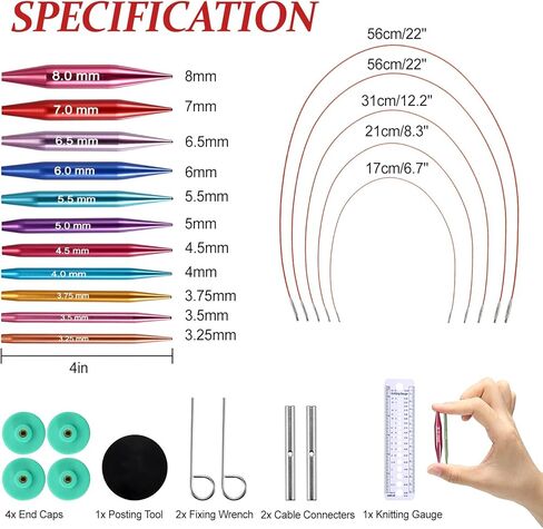 Hoowen Short Interchangeable Knitting Needles Set, 2-Inch Metal Circular Knitting Needles Kit for Beginners, 12 Pairs, Size US 2.5, 3, 4, 5, 6, 7, 8, 9, 10, 10.5, 11 with Case, Cables & Accessories in Saudi Arabia