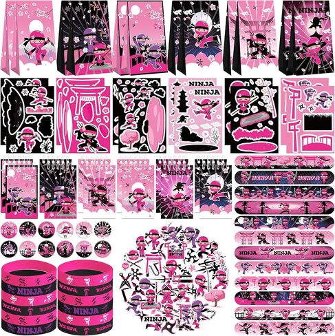 122PCS Girl Ninja Party Favors Set, 50 Stickers, 12 Assemble Stickers, 12 Button Badges, 12 Mini Notepads, 12 Slap Bracelets, 12 Rubber Bracelets, 12 Goodie Bags for Ninja Master Princess Baby Shower in Saudi Arabia