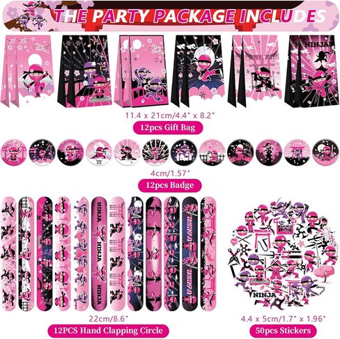 122PCS Girl Ninja Party Favors Set, 50 Stickers, 12 Assemble Stickers, 12 Button Badges, 12 Mini Notepads, 12 Slap Bracelets, 12 Rubber Bracelets, 12 Goodie Bags for Ninja Master Princess Baby Shower in Saudi Arabia