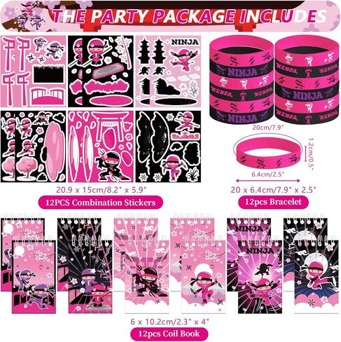 122PCS Girl Ninja Party Favors Set, 50 Stickers, 12 Assemble Stickers, 12 Button Badges, 12 Mini Notepads, 12 Slap Bracelets, 12 Rubber Bracelets, 12 Goodie Bags for Ninja Master Princess Baby Shower in Saudi Arabia