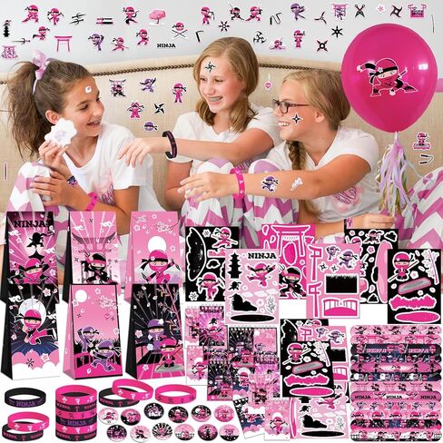 122PCS Girl Ninja Party Favors Set, 50 Stickers, 12 Assemble Stickers, 12 Button Badges, 12 Mini Notepads, 12 Slap Bracelets, 12 Rubber Bracelets, 12 Goodie Bags for Ninja Master Princess Baby Shower in Saudi Arabia