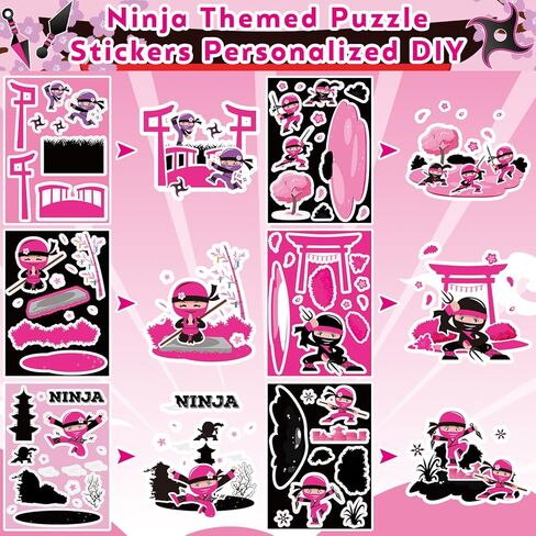 122PCS Girl Ninja Party Favors Set, 50 Stickers, 12 Assemble Stickers, 12 Button Badges, 12 Mini Notepads, 12 Slap Bracelets, 12 Rubber Bracelets, 12 Goodie Bags for Ninja Master Princess Baby Shower in Saudi Arabia
