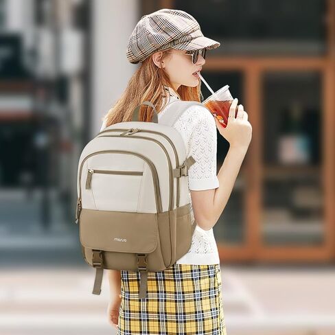MOSISO Laptop Backpack for Women Men, 15.6 inch Computer Backpack Travel Hiking, Anti Theft Lightweight Backpacks, Personal Item Bag for Commute Weekender College Work Business, Beige&Khaki in Kuwait
