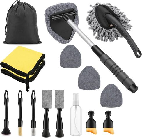 17Pcs Car Cleaning Kit Windshield Cleaner Tool with 3 Extra Microfiber Pads Car Interior Detailing Brushes Dash Duster & Microfiber Towels All-in-One Car Cleaning Supplies for Women Men in Saudi Arabia