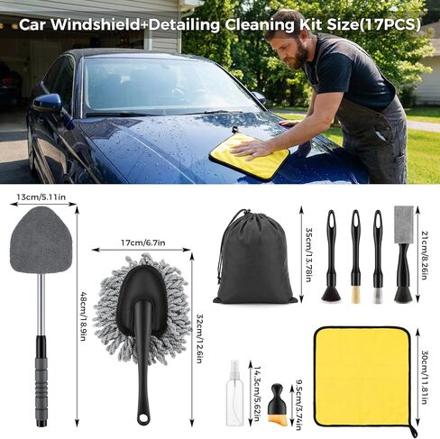 17Pcs Car Cleaning Kit Windshield Cleaner Tool with 3 Extra Microfiber Pads Car Interior Detailing Brushes Dash Duster & Microfiber Towels All-in-One Car Cleaning Supplies for Women Men in Saudi Arabia
