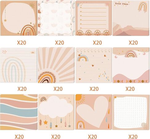 12 Pads Boho Sticky Notes 3x3 Inch Cute Self Stick Notepads Adhesive Memo Pads 240 Sheets Lined Blank Dotted Designs Office Supplies for School Teacher Meeting Reminder Note Taking Daily Planning Desk in Saudi Arabia