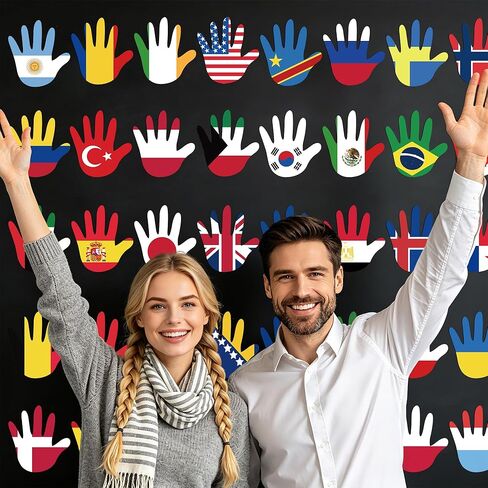 Wehhbtye 50 قطعة من ديكورات بصمة اليد العالمية ذاتية اللصق من مادة PVC، أعلام العالم مقطوعة يدويًا، ملصق بصمة يد علم متعدد الثقافات للعودة إلى المدرسة والفصول الدراسية ولوحة الإعلانات المنزلية وديكور الحائط in Kuwait