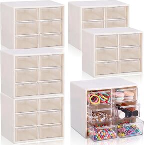 6 Pcs Small Desktop Organizer, Mini 6 Clear Drawers Plastic Desk Storage Box Organization and Storage for Office Supplies Cosmetics Jewelry Dorm Room Pencils Pens Erasers, Beige in Saudi Arabia