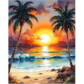 Seascape Paint by Numbers Kit for Adults - DIY Tropical Beach Sunset with Palm Trees Painting on Canvas, Acrylic Paint Set, Suitable for Beginners, Art for Home Decoration or Gifts(16X20IN Framed) in Kuwait