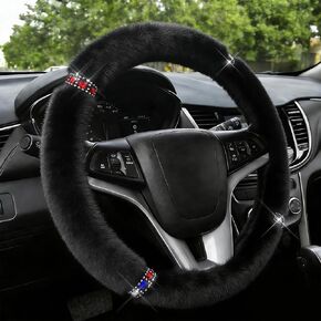 Car Fluffy Steering Wheel Cover, 15 Inch Car Steering Wheel Protector with Sparkly Rhinestone, Winter Anti-Slip Plush Warm Auto Protector Accessories, Auto Accessories for Women (Red) in Kuwait