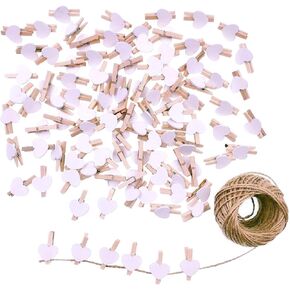 JZK 100 x Mini Wooden White Heart pegs 3cm + Jute Twine String 30m for Wedding Party Photo Holder Card Decoration and DIY Craft in Kuwait