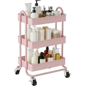 3 Tier Metal Rolling Cart, Utility Storage Cart Shelf Organizer with Wheels for Home & Office, Pink in Saudi Arabia