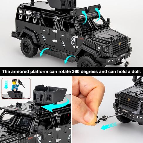 Armored Car Toy Truck, Play Armored Fighting Vehicles Diecast Military Toys, 1:32 Scale Alloy Pull Back Car Model with Light and Sound(Black) in Saudi Arabia