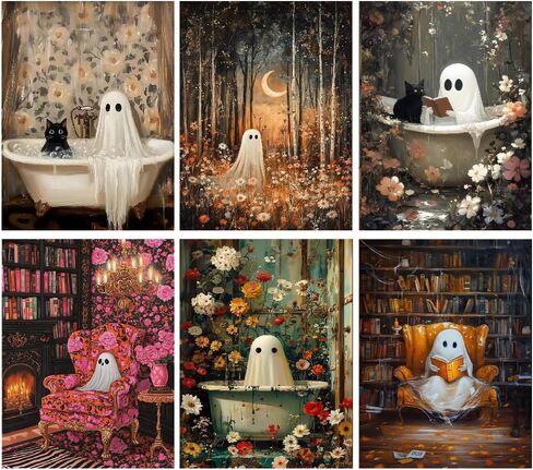 pchmcu 6 Pack Halloween Diamond Art Kits for Adults, 5D DIY Cute Ghost Flowers Diamond Painting Kits for Room Bedroom Living Room Bathroom Wall Decor 12x16 Inch in Saudi Arabia