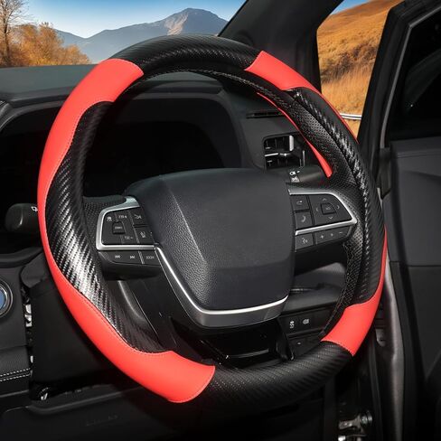 ZHOL Carbon Fiber Leather Car Steering Wheel Cover, Non-Slip, Safe, Breathable, Durable, Full Coverage, Sporty Style (Black and Red) in Saudi Arabia