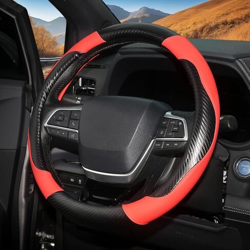 ZHOL Carbon Fiber Leather Car Steering Wheel Cover, Non-Slip, Safe, Breathable, Durable, Full Coverage, Sporty Style (Black and Red) in Saudi Arabia