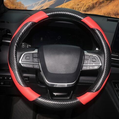 ZHOL Carbon Fiber Leather Car Steering Wheel Cover, Non-Slip, Safe, Breathable, Durable, Full Coverage, Sporty Style (Black and Red) in Saudi Arabia