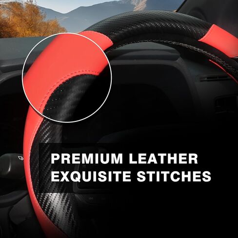 ZHOL Carbon Fiber Leather Car Steering Wheel Cover, Non-Slip, Safe, Breathable, Durable, Full Coverage, Sporty Style (Black and Red) in Saudi Arabia