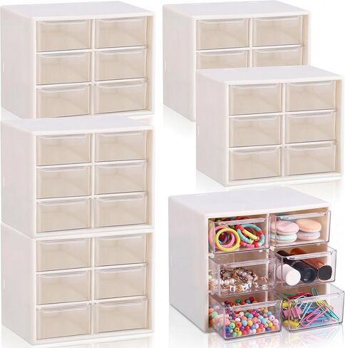 6 Pcs Small Desktop Organizer, Mini 6 Clear Drawers Plastic Desk Storage Box Organization and Storage for Office Supplies Cosmetics Jewelry Dorm Room Pencils Pens Erasers, Beige in Saudi Arabia