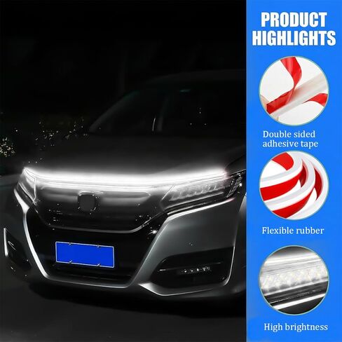 Car Hood Light Strip, 71 Inch 12V Flexible LED Vehicle Daytime Running Lamp with Dynamic Scan Startup Effect, Auto Engine Cover DRL Decoration Light, Universal for SUV Van Sedan (White) in Kuwait