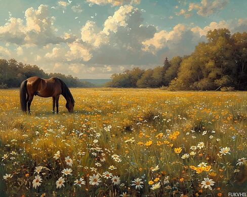 FUKVHIL DIY Paint by Numbers for Adults Beginner, Spring Horse Grazing Pasture, Paint by Numbers Kit Painting by Numbers for Adults, 16"x20", Bright in Kuwait