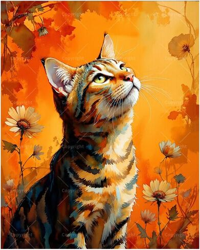 Tabby Cat Paint by Numbers Kit for Adults - DIY Orange Tabby Cat with Flowers Painting on Canvas, Acrylic Paint Set, Suitable for Beginners, Art for Home Decoration or Gifts(8X12IN Framed) in Kuwait