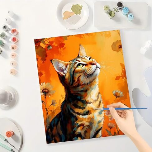 Tabby Cat Paint by Numbers Kit for Adults - DIY Orange Tabby Cat with Flowers Painting on Canvas, Acrylic Paint Set, Suitable for Beginners, Art for Home Decoration or Gifts(8X12IN Framed) in Kuwait