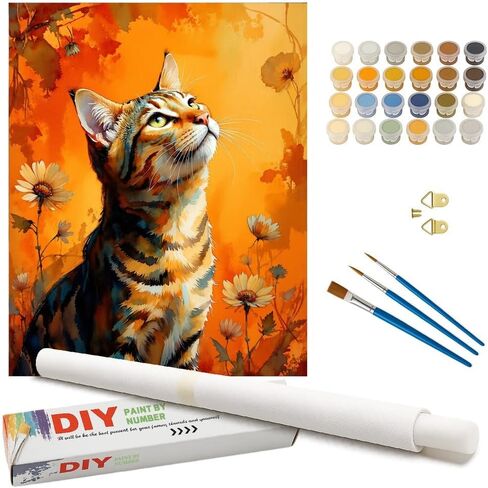Tabby Cat Paint by Numbers Kit for Adults - DIY Orange Tabby Cat with Flowers Painting on Canvas, Acrylic Paint Set, Suitable for Beginners, Art for Home Decoration or Gifts(8X12IN Framed) in Kuwait