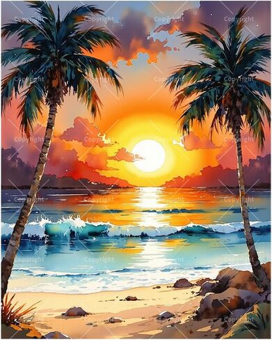 Seascape Paint by Numbers Kit for Adults - DIY Tropical Beach Sunset with Palm Trees Painting on Canvas, Acrylic Paint Set, Suitable for Beginners, Art for Home Decoration or Gifts(16X20IN Framed) in Kuwait