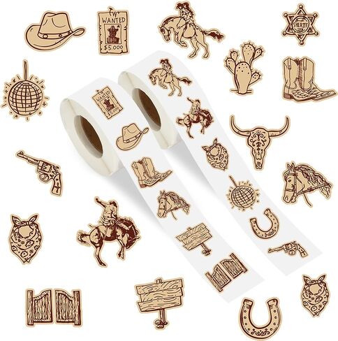 Whaline 1000Pcs Western Cowboy Sticker Roll Brown Wild West Decals 16 Design Rodeo Party Self-Adhesive Labels for Scrapbook Journal DIY Crafts Party Favors Classroom Rewards, 2 Rolls in Kuwait